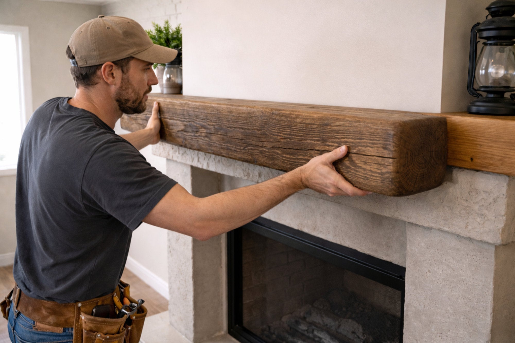 A Man installing a rustic mantel cover on a cement fireplace