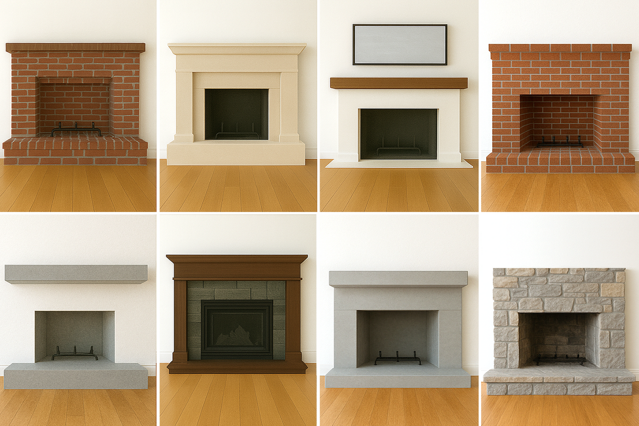 Collection of different styles of fireplaces on a white background
