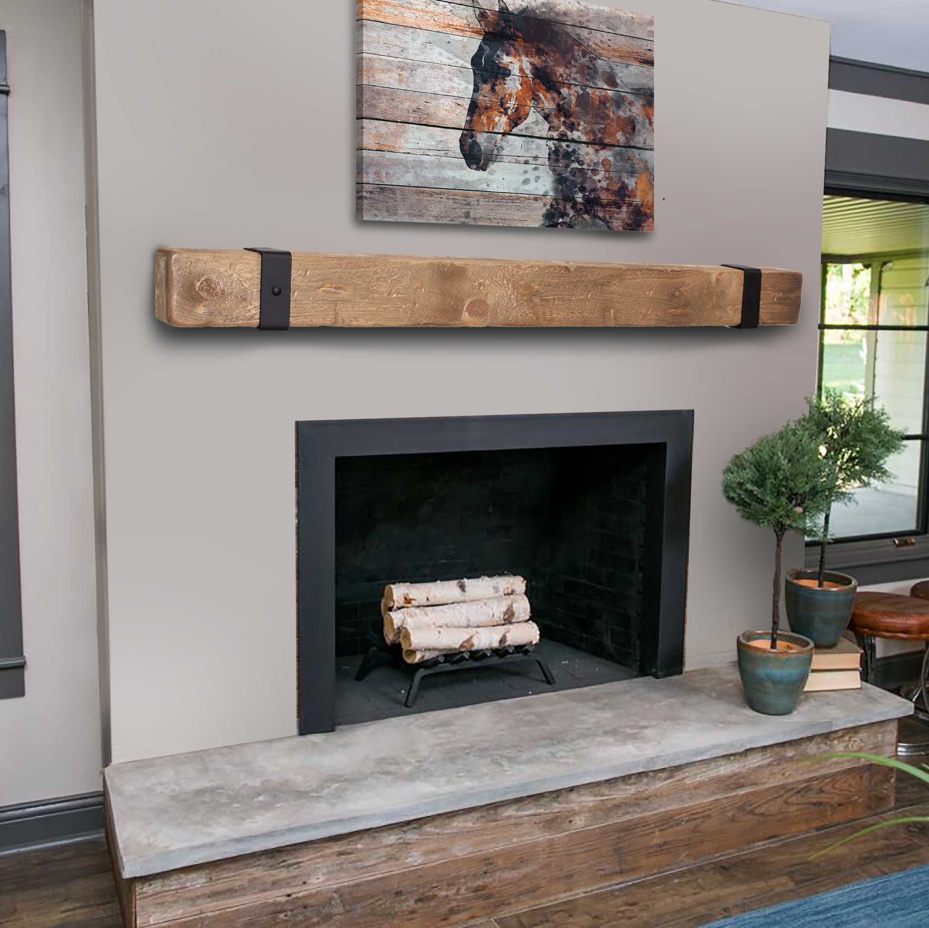 Rustic Mantel with Metal Rivet Straps