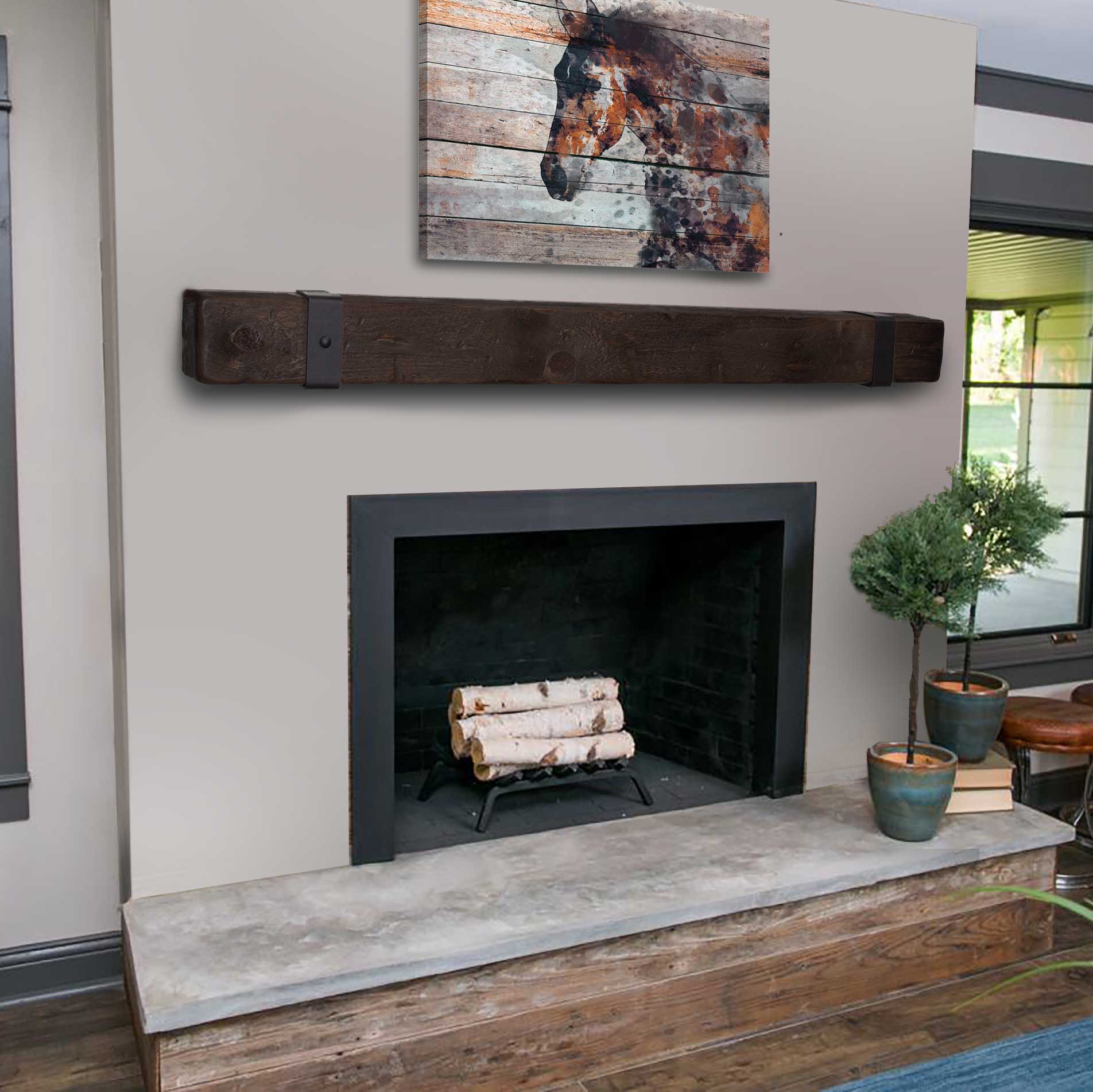 Rustic Mantel with Metal Rivet Straps
