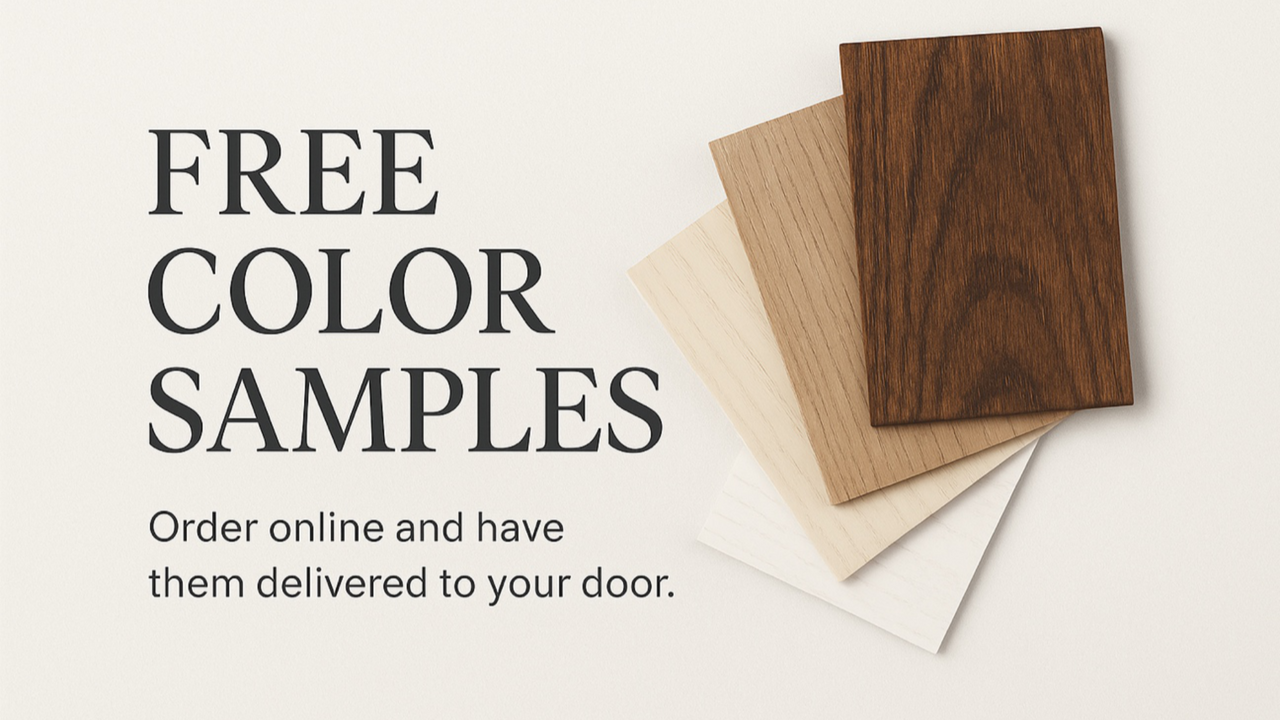 Wood color samples with text promoting free color samples and ordering online.