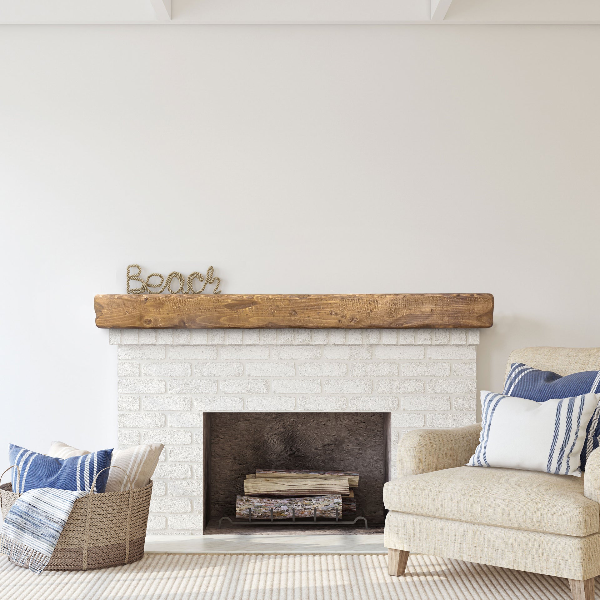 A helm and home rustic mantel sitting on a white brick fireplace. 