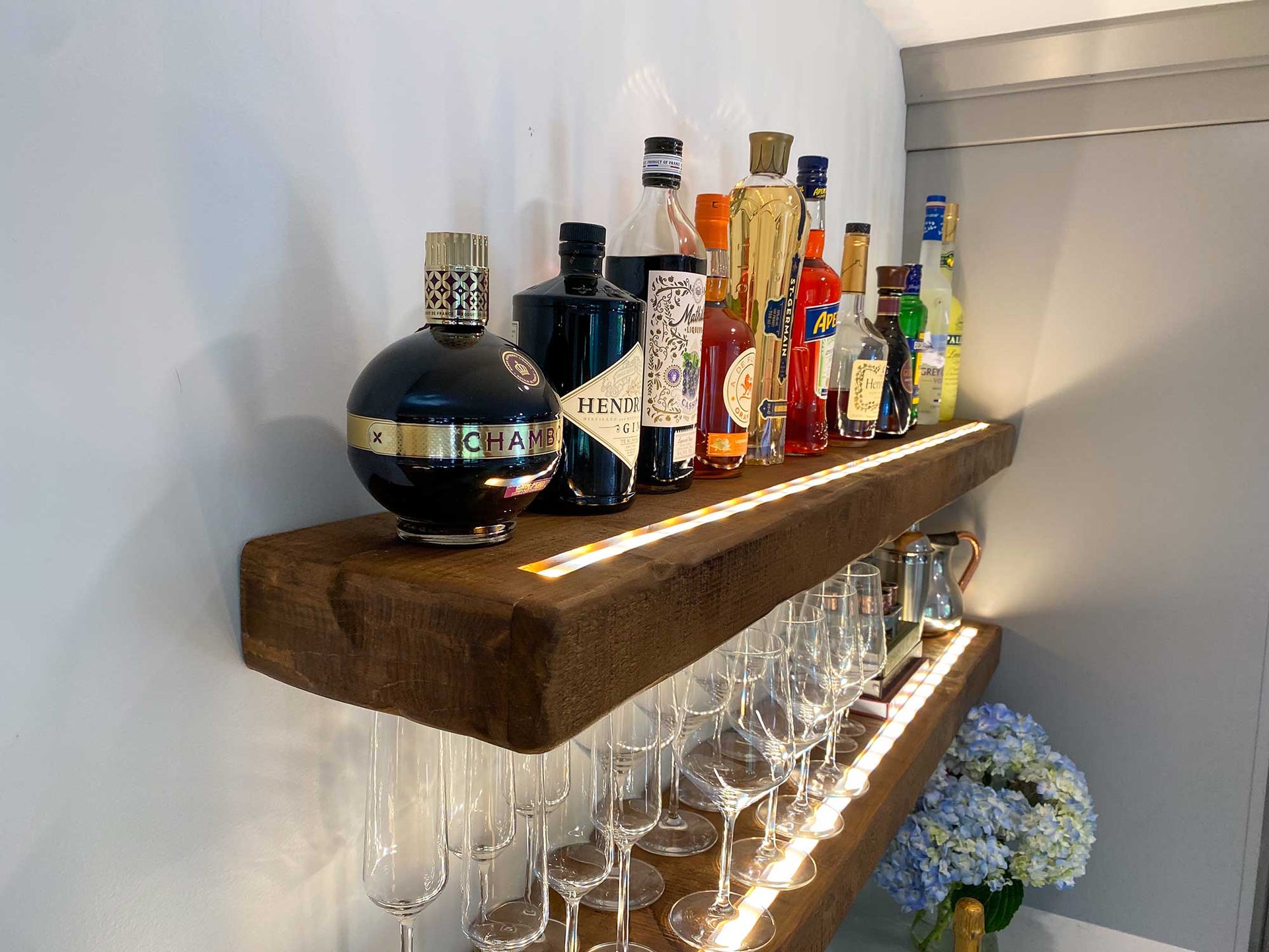 Floating Shelves w/ Wine Glass Rack, LED Lighting & Brackets
