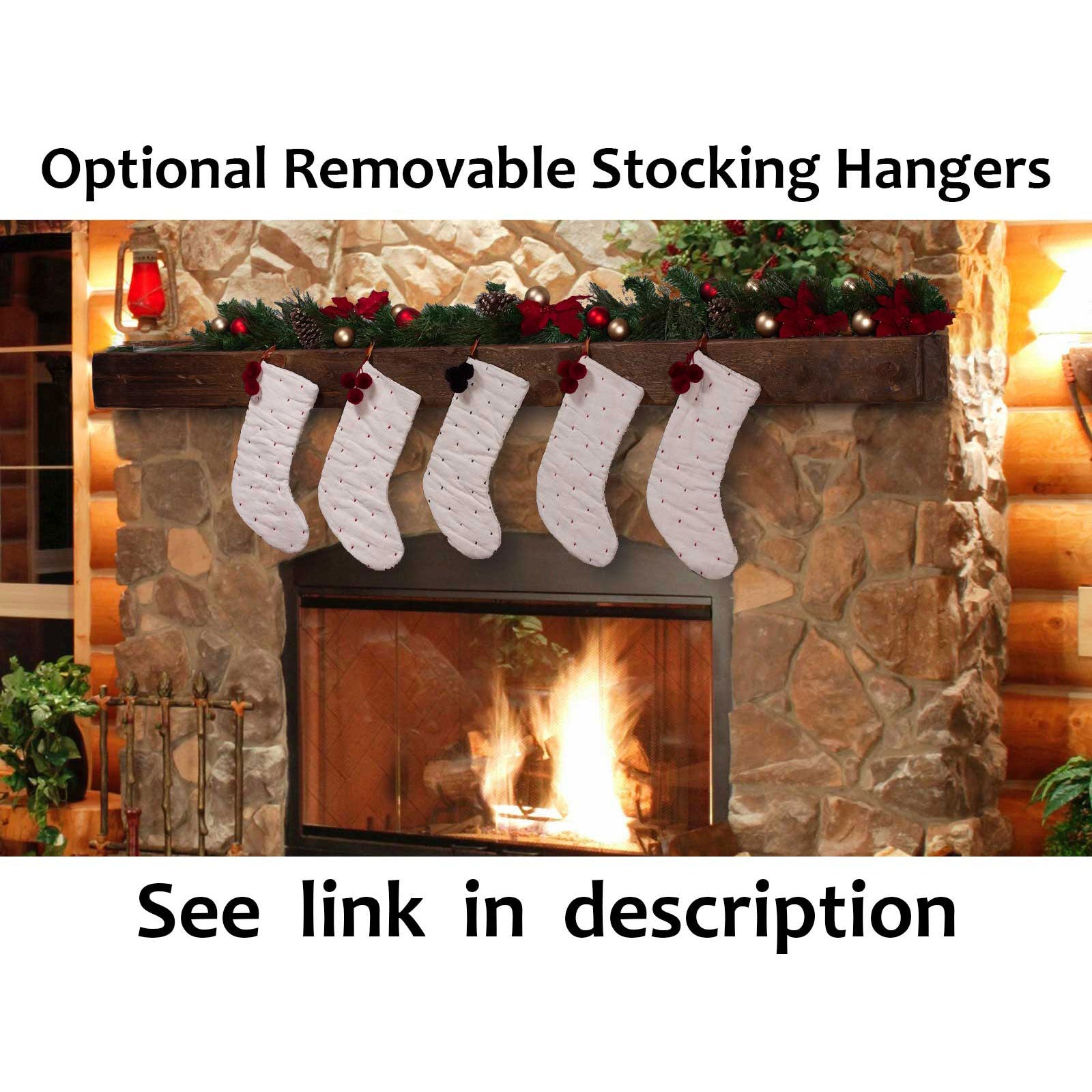 A Christmas fireplace with stockings hanging on the mantel